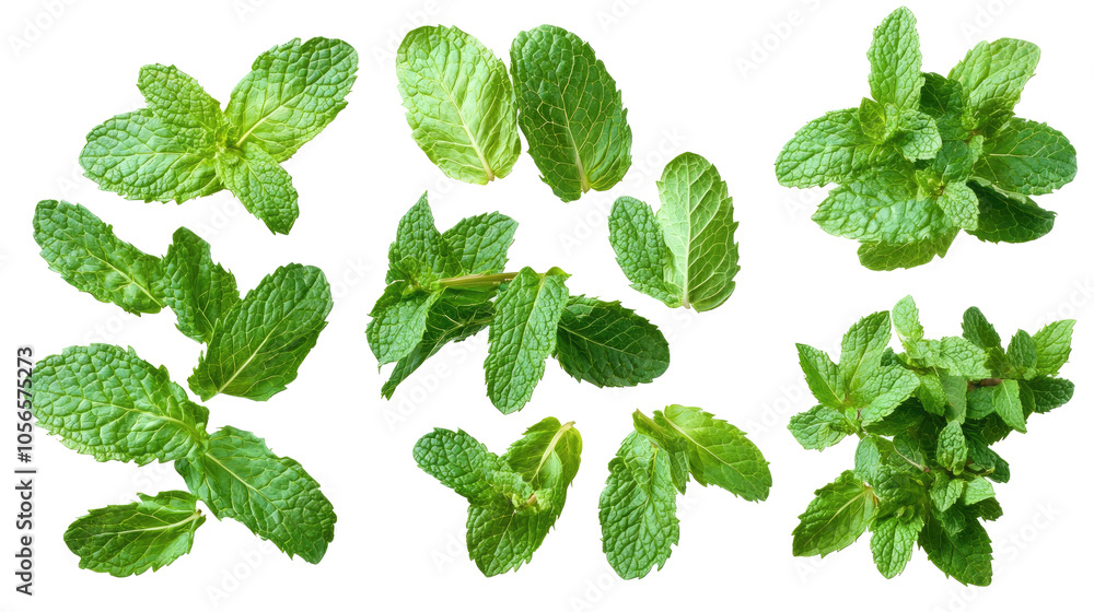Poster falling spearmint leaves isolated on a transparent background generative ai