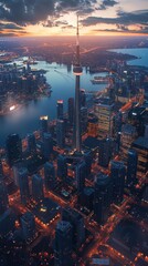 Naklejka premium Skyline Harmony: Illuminated Urban Landscape