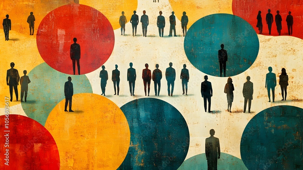Poster segmented colorful circles with diverse human icons representing target audience