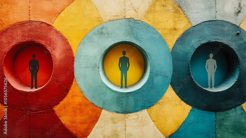 Poster colorful segmented circles with symbolic human icons representing market segmentation and target