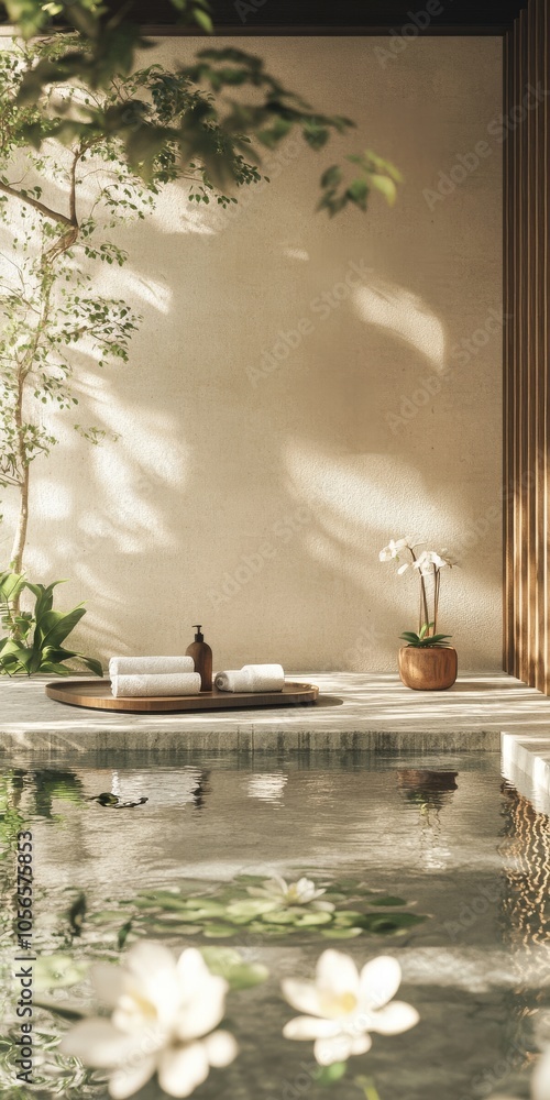 Aufkleber a small pool with a wooden tray and a bottle of lotion on it. the pool is surrounded by trees and ha