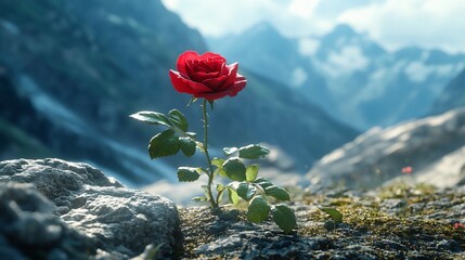 Single red rose growing out of rocks with a mountain range in the background.