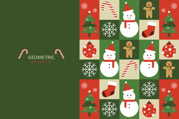 A geometric Christmas background in a minimalist style with various snowmen, snowflakes, Christmas trees, and ornaments, using green, red, white, and beige colors.