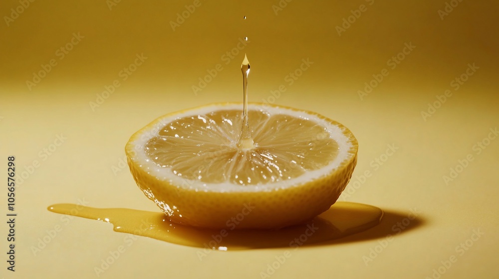 Aufkleber a single drop of lemon juice falls onto a halved lemon, creating a splash and a puddle of juice on a