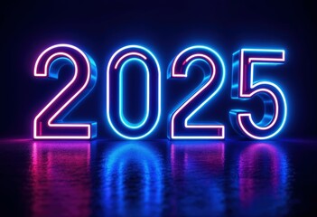Futuristic Neon Sign with Glowing 2025 in Purple and Blue Gradient