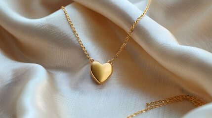 Fototapeta premium elegant gold heart pendant necklace best-seller on delicate chain displayed on soft white fabric