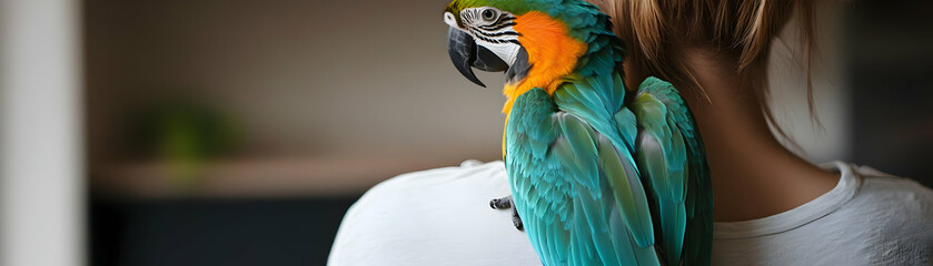 Therapy Parrot Perched on Shoulder, Plain Background with Copious Copy Space, Vibrant Colors Showcase Bird-Assisted Therapy, Unique Avian Companionship in Photo Stock Concept