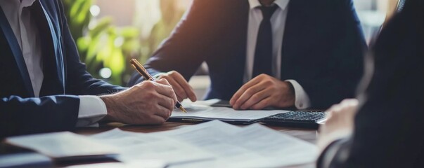 Financial Adviser Explaining Loan Rates to Client in Corporate Office Setting