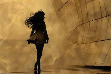 Mystic woman by contemporary architecture, moody beach.