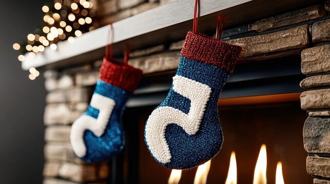 A photostock of Christmas stockings hanging from a fireplace mantel, with candles below.