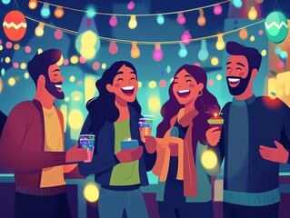 Friends laughing at festive market, surrounded by tinsel and lights, flat design illustration