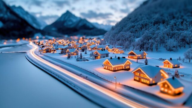 A photostock of a snowy village scene, with warm lights glowing from windows.