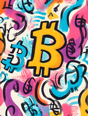 dollar production, coins, stock graphs, and Bitcoin in various creative graphic styles