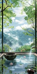 A beautiful view of a mountain range with a waterfall and a pond. The pond is filled with lilies and a small rock is floating on the water. The scene is serene and peaceful
