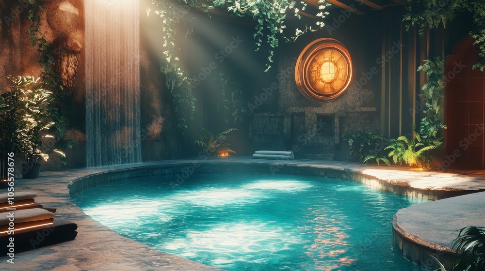 Poster a beautiful, serene pool with a waterfall in the background. the pool is surrounded by lush greenery