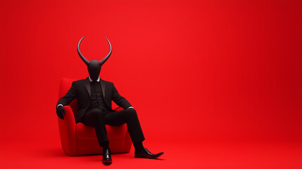 A man, seemingly the devil himself, sits in a red armchair against a vibrant red background.