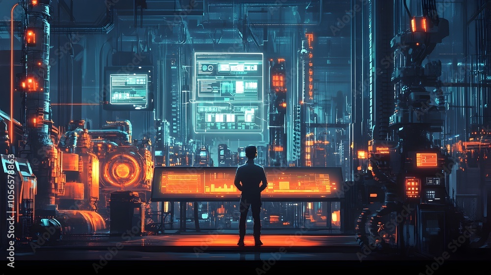 Poster futuristic smart factory showcasing advanced technology and automation