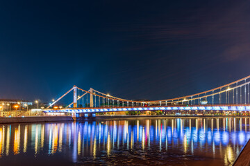 Krymsky Bridge or Crimean Bridge in Moscow at summer night