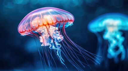 Fototapeta premium Glowing jellyfish in deep blue ocean, illuminating underwater world with vibrant colors and ethereal beauty, creating mesmerizing scene