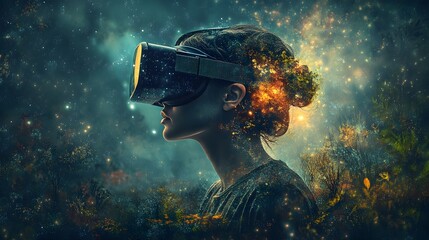User Immersed in Innovative Virtual Reality Environment Wearing VR Headset