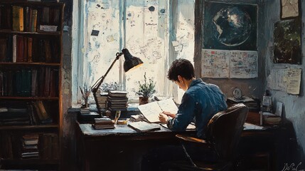A person studying at a desk filled with books and a warm lamp, surrounded by a cozy, thoughtful atmosphere.