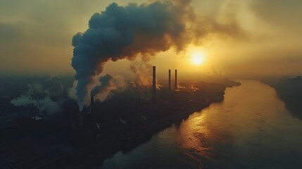Fototapeta premium Dramatic Industrial Power Plant Belching Smoke at Sunset Highlighting Carbon Dioxide Emissions and