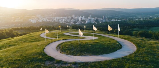 Winding road with milestone flags or markers representing critical business phases leading towards a vibrant cityscape symbolizing growth urban success and economic prosperity