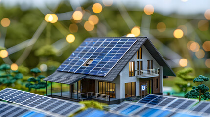 futuristic generic smart home with solar panels rooftop system for renewable energy concepts as wide banner with copyspace area