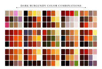 Dark burgundy color palette. Trend color palette guide template. Fit for fashion designers, business, and paints colors company. Match combinations. Vector graphics. Eps 10.