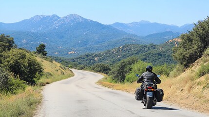 Biker riding on an open road, surrounded by scenic mountains and greenery under a clear blue sky.