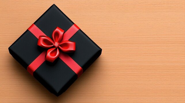 A photostock of a wrapped Christmas gift with a red bow, on a wooden table.