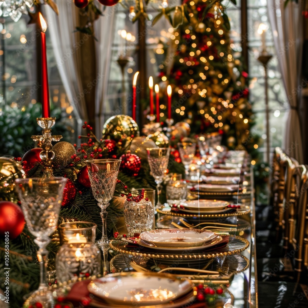 Aufkleber a table with a christmas tree in the background and a lit candle on it. the table is set with a vari