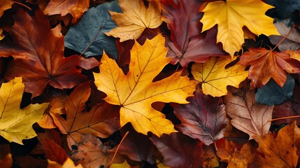Colorful autumn leaves scattered on the ground, showcasing vibrant hues of red, orange, and yellow.