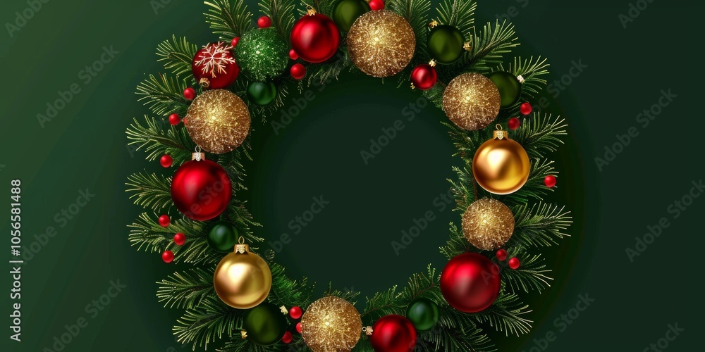 Poster Christmas wreath and baubles with an empty space in the center for custom messages.