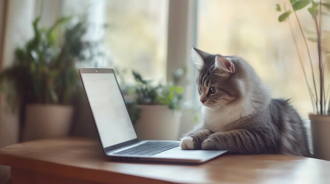 Curious cat sitting at a laptop, exploring technology and nature in a cozy indoor environment.