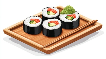 Delicious sushi rolls with salmon, cucumber, and wasabi on a wooden platter.