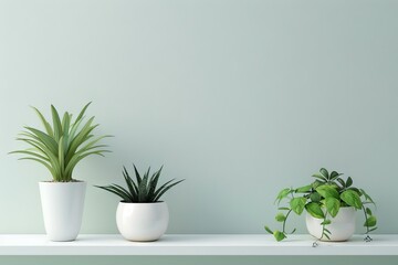 Three potted plants on a white shelf against a light green wall, showcasing minimalist interior design and modern home decor.