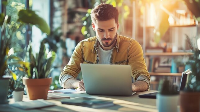 Focused man working on laptop in a bright workspace with plants, showcasing productivity and modern lifestyle.