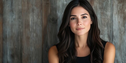 Fototapeta premium Elegant Portrait of a Young Woman Against a Rustic Wooden Background