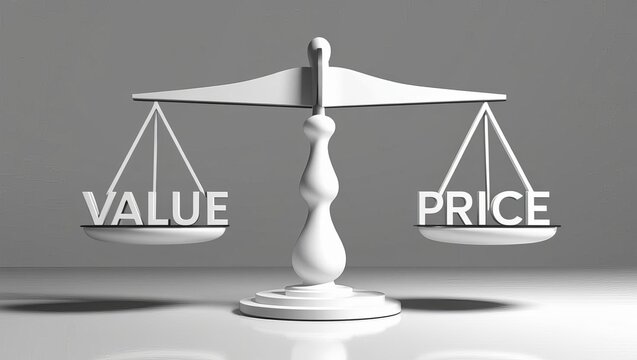 A minimalistic scale showing "Value" on one side and "Price" on the other, symbolizing the balance between worth and cost.