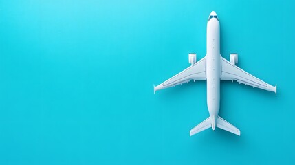 Flat lay design of travel concept with plane on blue background with copy space. 