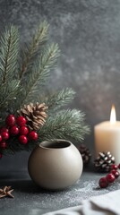 A vase with a candle and pine needles on a table