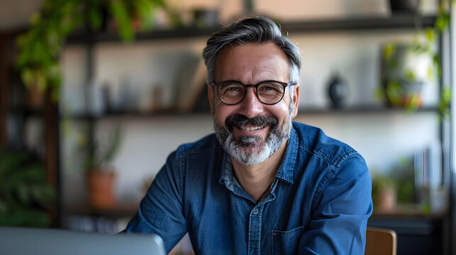 Happy mature business man executive manager looking at laptop computer watching online webinar or having remote virtual meeting, video conference call negotiation - Powered by Adobe