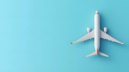 Flat lay design of travel concept with plane on blue background with copy space. 