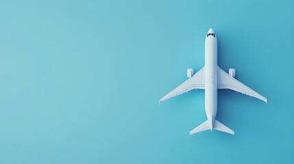 Flat lay design of travel concept with plane on blue background with copy space. 