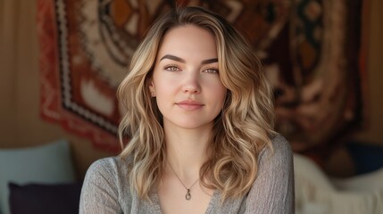 Fototapeta premium Natural Portrait of a Young Woman with Wavy Hair in a Cozy Indoor Setting
