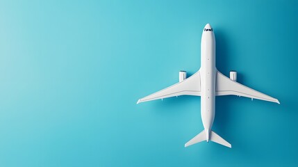Flat lay design of travel concept with plane on blue background with copy space. 