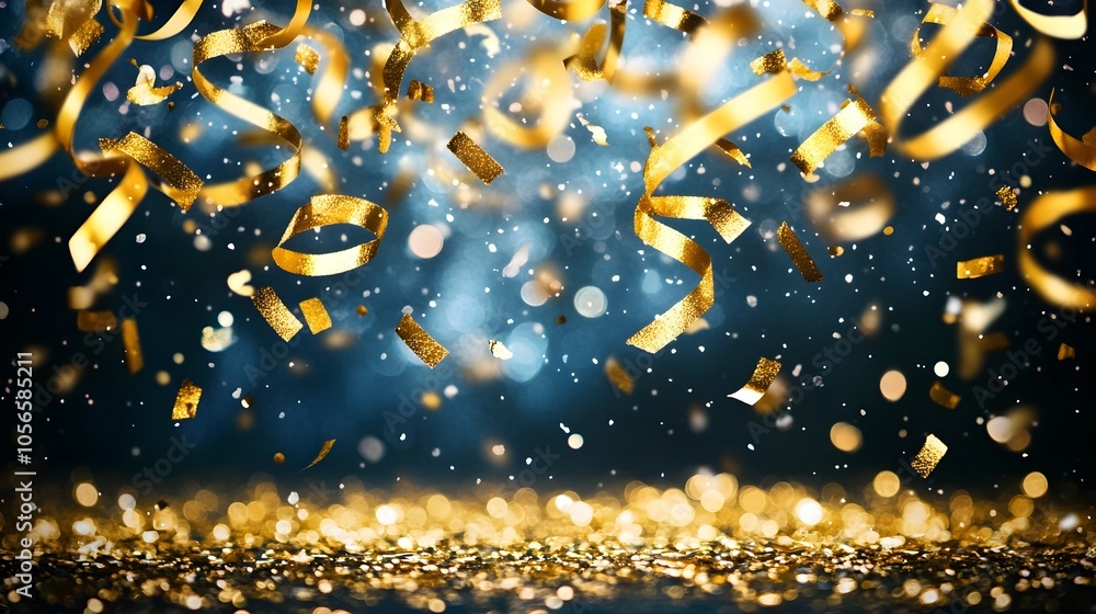Poster falling golden confetti and sparkles on dark background with blank area for text