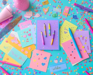 A vibrant collection of friendship day cards pens and stickers on a decorated table with confetti scattered around