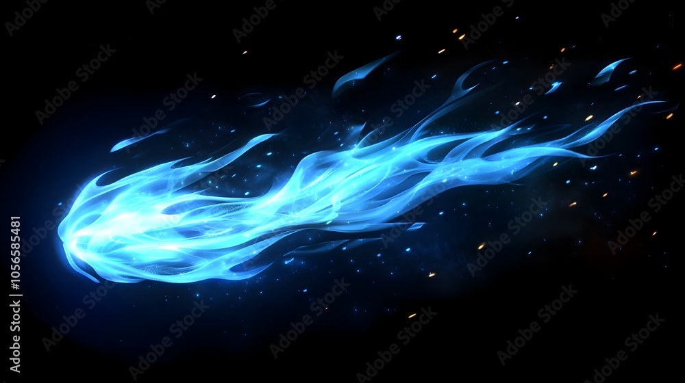 Poster mesmerizing blue flame with sparkling trails in dark ethereal backdrop